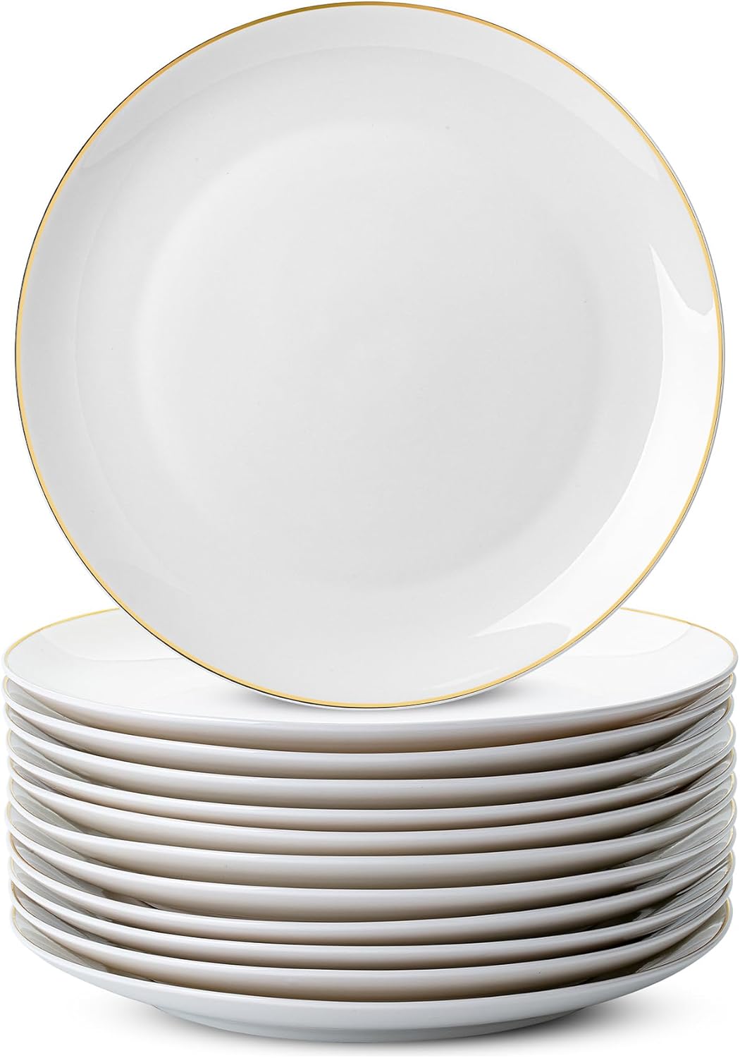 BTaT- White Porcelain Dinner Plates, Set of 12, 10.5" Gold Rimmed, Classic Style, Formal Dining, Christmas Gifts