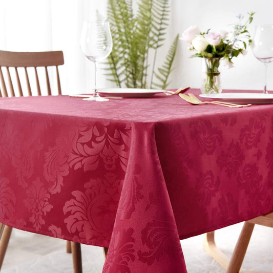 Ruby Red Damask Square Tablecloth 70x70 Inch – Spillproof Wrinkle-Free Fabric Table Cover for Parties & Weddings