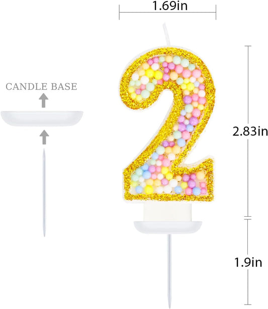 2nd Birthday Candle for Cake, Colorful Macaron Numeral Candles for Boys/Girls, Birthday Party Cake Decorations, Golden Cake Topper for Birthday Party Supplies (Number 2)
