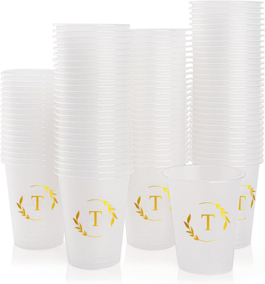 100 Monogrammed Cups Disposable Initial Plastic Cup 12 oz Wedding Personalized Cup for Wedding Reception Baby Shower Birthday Party(Letter T)