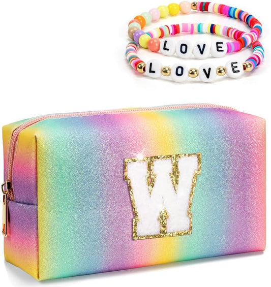 Gifts for Girls Teen Girls, Preppy Travel Makeup Bag, Personalized Initial Toiletry Bag, Cute Cosmetic Pouch with Zipper, Monogrammed Birthday Gift for Daughter, Trendy Things (Medium)