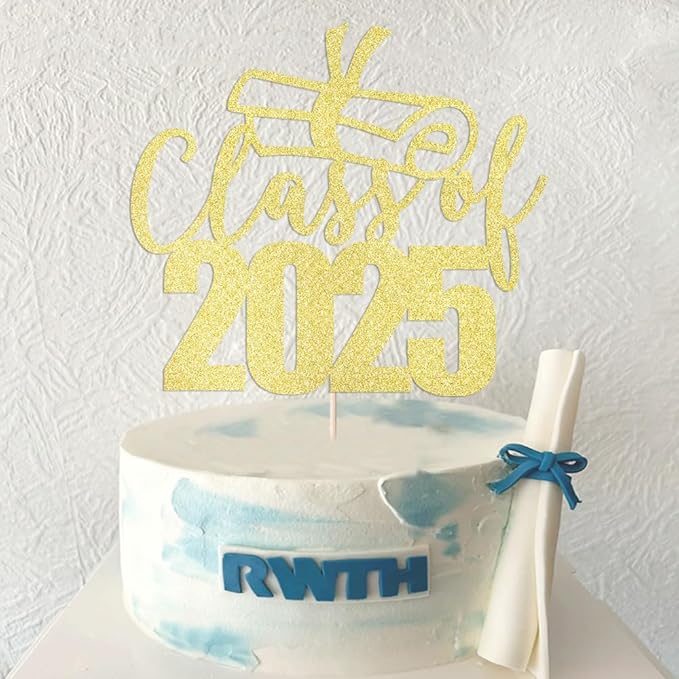 Class of 2025 Cake Topper - Congrats Grad Cake Toppers - Gold Glitter Graduation Party Decorations
