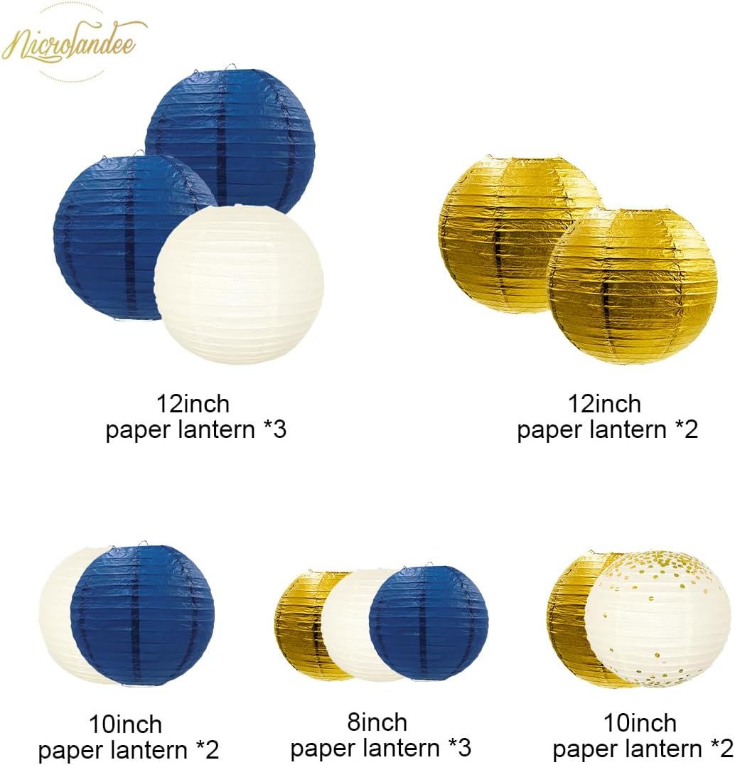 NICROLANDEE Party Decorations - 12PCS Navy Blue Gold Glitter Hanging Paper Lanterns for Graduation Decoration, Birthday, Bridal Shower, Wedding, Engagement, Bachelorette, Gender Reveal Party Supplies