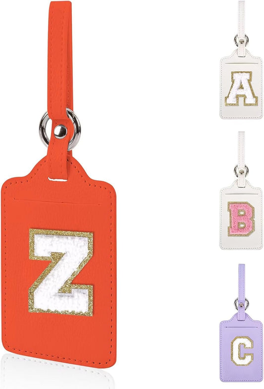 Personalized Initial Luggage Tags for Suitcases, Leather Chenille Letter Cute Luggage Tags with Privacy Name Card, Embroidered Travel Bag Backpack Tags Gifts for Women Kids Girls Teens(Orange-Z)