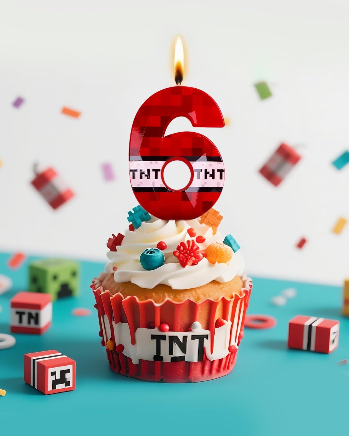 Pixel Birthday Candle, 2.68 Inch Miner Number Candles, Game Themed Candle Birthday Decoration for Pixel Theme Birthday Anniversary Dynamite Video Game Party (Red, 6)
