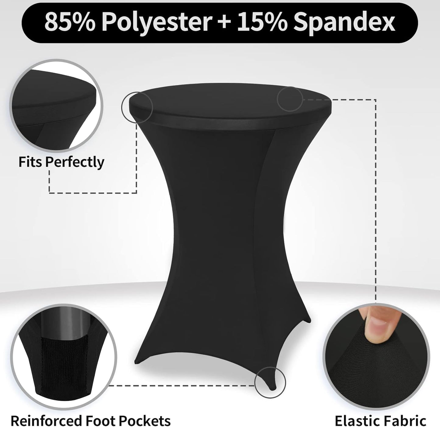 FestiCorp 6 Pack Spandex Black Table Cover, Cocktail Fitted Tablecloths, Round Highboy Stretch Table Covers Cloths for Party, DJ, Bar, Wedding, Birthday, Banquet, 30"-32" Diameter x 40"-43" Height