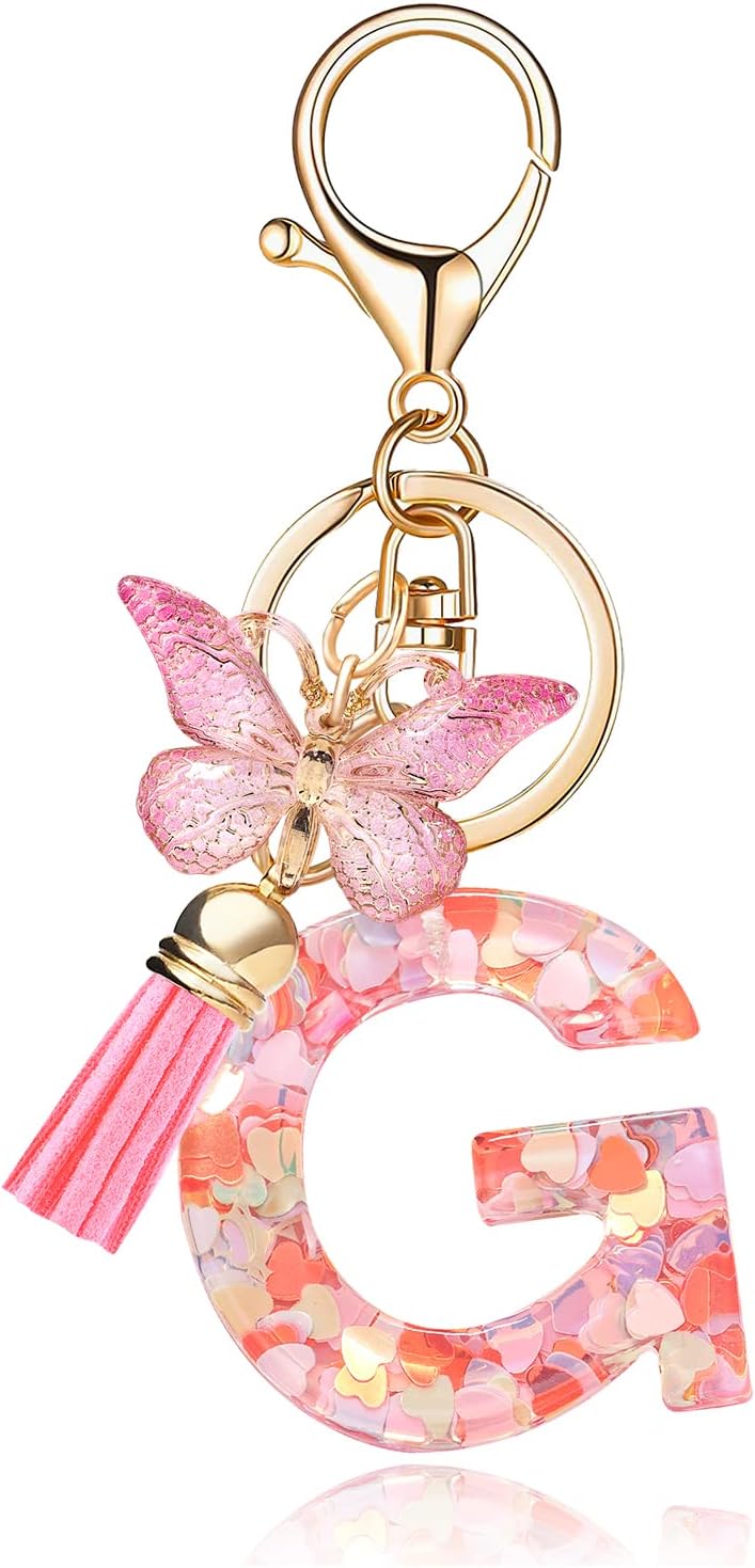 Fashion Alphabet Initial Letter Keychain Tassel Butterfly Pendant Key Ring for Purse Handbags Women Girl