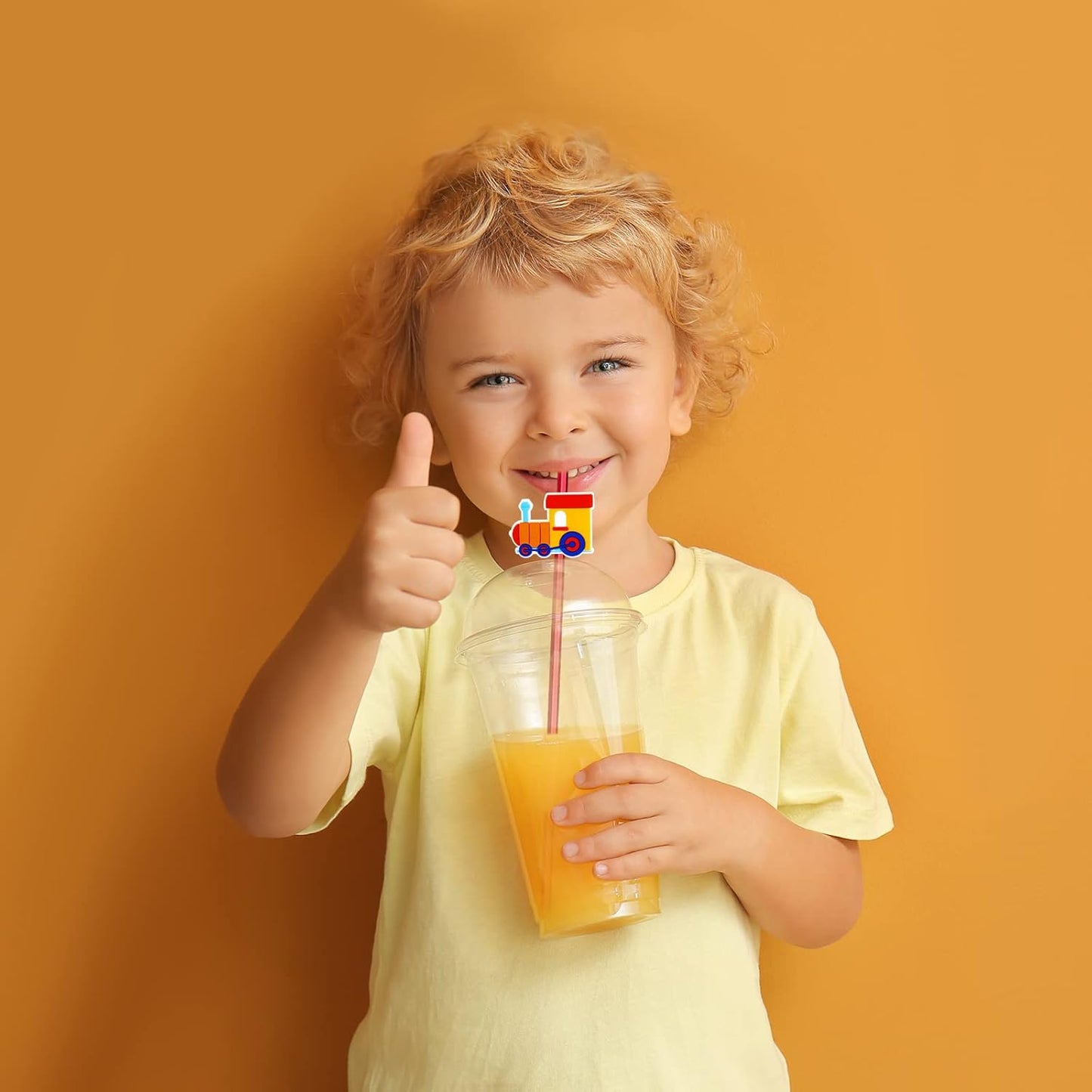 24 Pack Train Theme Reusable Plastic Straws - 6 Colors, Drink & Cocktail Straws with Cartoon Decoration - Kids Party Supplies & Birthday Favors - Includes 2 Cleaning Brushes
