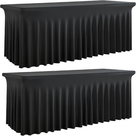Outpain Black Spandex Tablecloth for 8 Foot Rectangle Tables, 2 Pack Black Fitted Table Cloths 8ft Stretchy Banquet Table Clothes Cover Desk Skirt for Birthday Wedding Parties Baby Shower