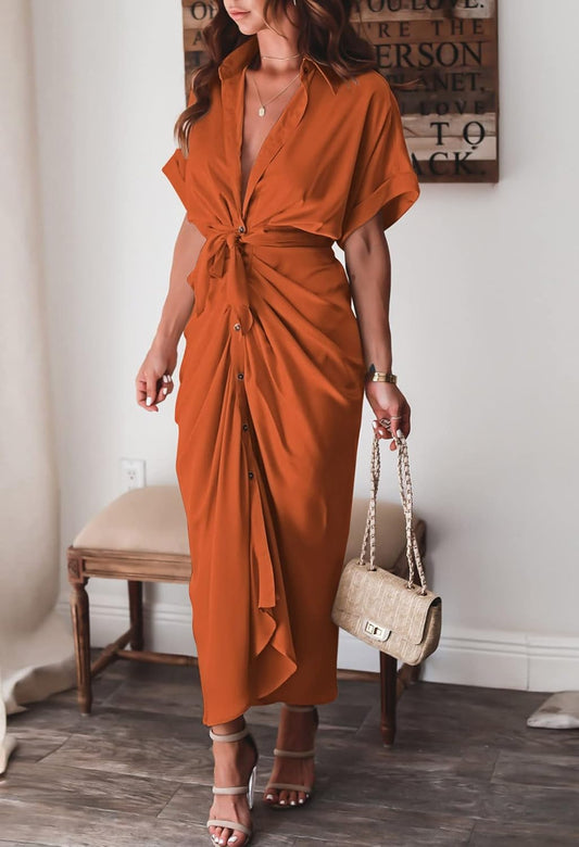 Women Elegant Satin Button Down Short Sleeve Maxi Shirt Dress with Belt
