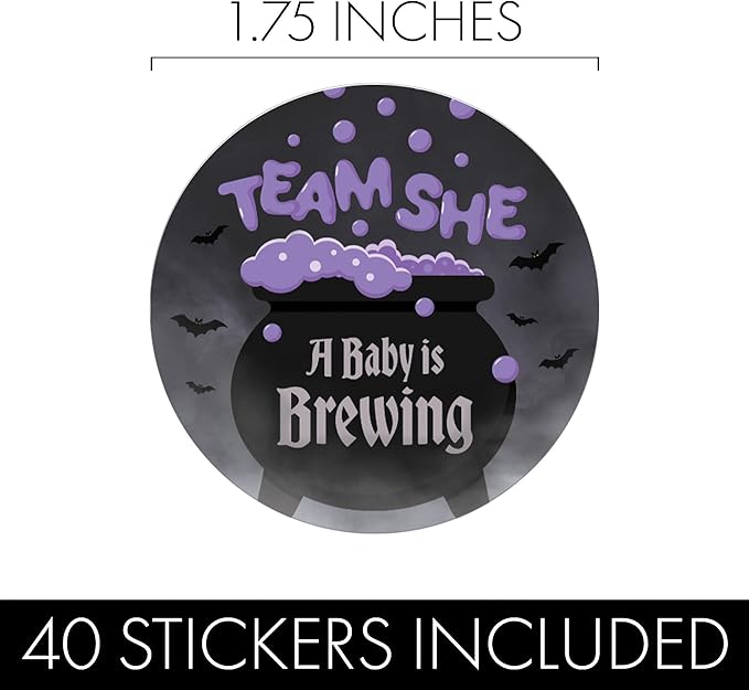 Baby is Brewing Halloween Gender Reveal Party - Bubbling Witch Cauldron Team He or Team She - 40 Stickers - Purple Green