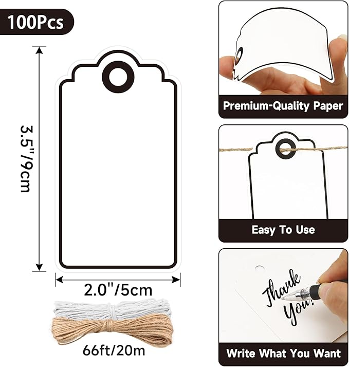 Anwyll Gift Tags with String - 100Pcs Black Gift Bag Tags Personalized White Blank Hanging Paper Label Tag for Baby Shower Birthday Party Wedding Christmas Favor Present