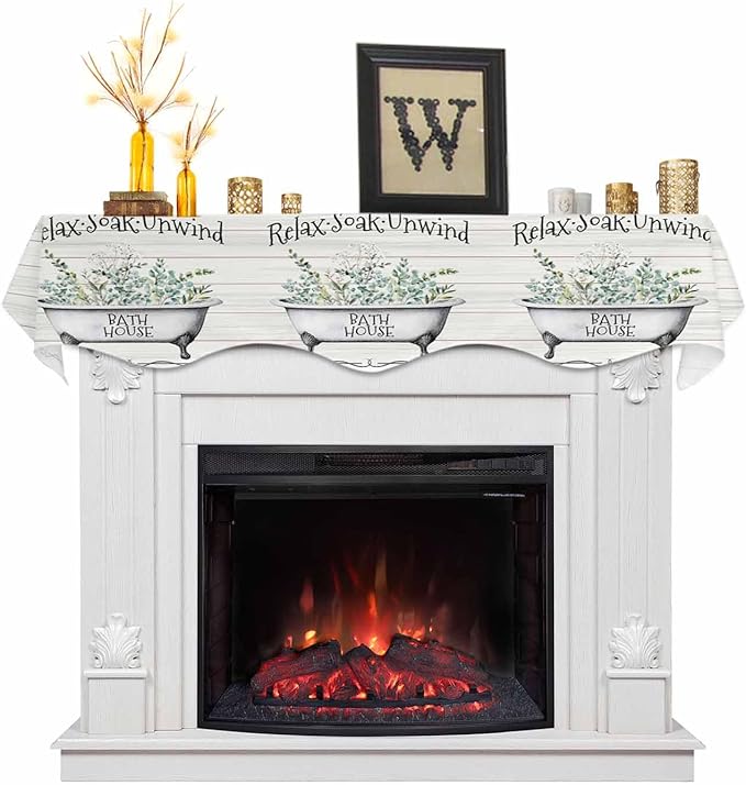 Bathtub Eucalyptus Leaves Fireplace Mantel Scarf Table Runner, Farmhouse Botanical Wooden Winter Garland Mantel Top Tablerunners Dresser Scarves Decorations for Windows Party Living Room 70''x17''