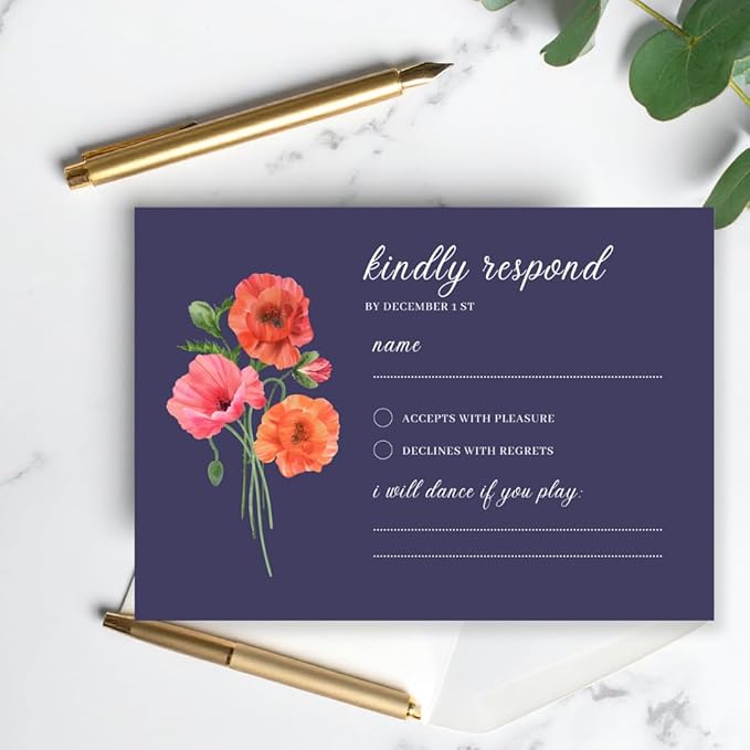 Personalized Wedding RSVP Cards On Glossy Thick Card With Envelope, Personalized Reponse, 5 x 3.5 Inches, Set of 15 Custom Cards with White Envelopes (Navy Blue)