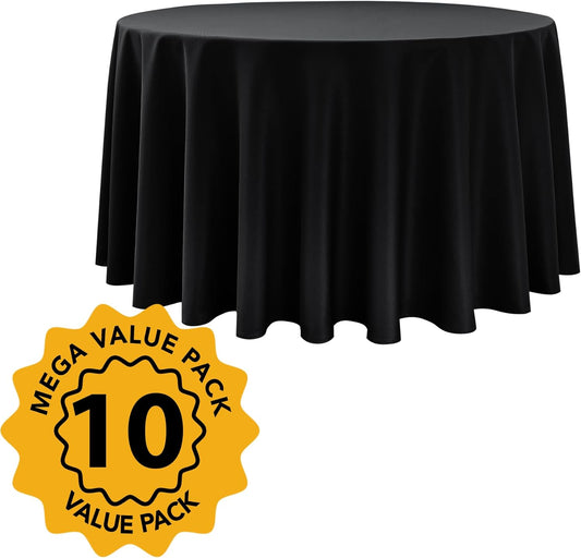 10-Pack Black Round Tablecloths, 108 Inches, Stain-Resistant Polyester for 4-5 Ft Round Tables - Washable Table Covers for Weddings, Banquets, Birthday Parties, Events