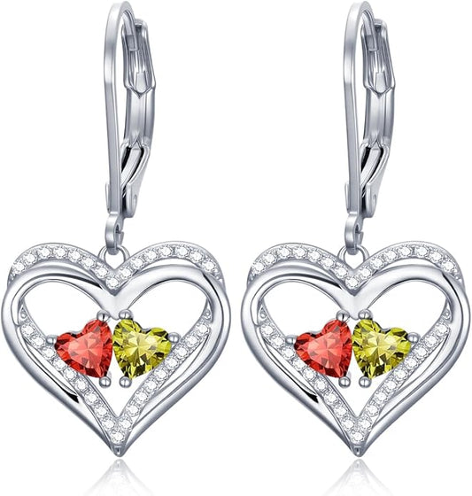 Valentines Day Gifts for Women, Heart Leverback Earrings Double Birthstone Dangle Earrings for Women, Love Jewelry for Her, Anniversary Birthday Gift for Mom Wife Girlfriend