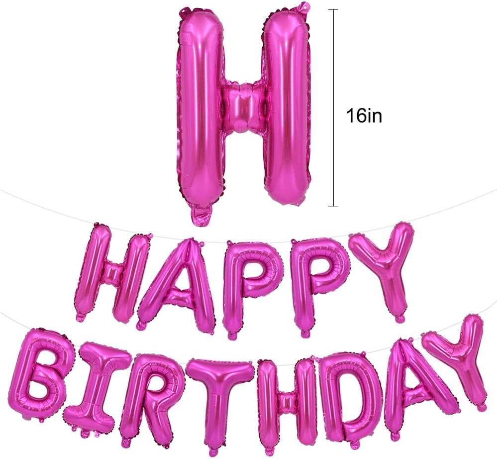 TONIFUL Hot Pink Happy Birthday Balloons Banner, 16 Inch Mylar Foil Letters Birthday Sign Bunting Reusable for Girls Boys Kids & Adults Birthday Decorations and Party Supplies