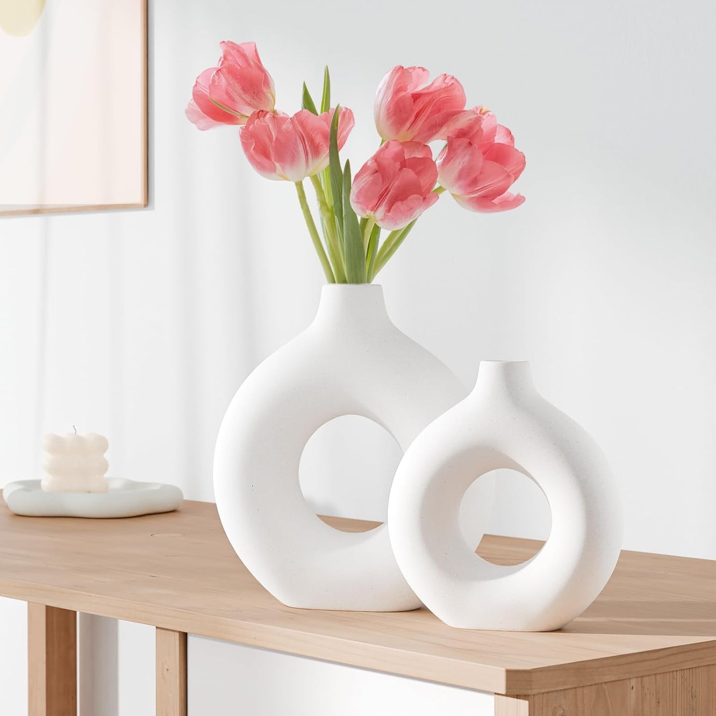 White Ceramic Vases for Decor, Home Decor Ceramic Vase Set of 2, Nordic Room Decorations Vases, Minimalist Decorative Vase for Table Centerpiece Wedding Dining Living Room Office House Decoration