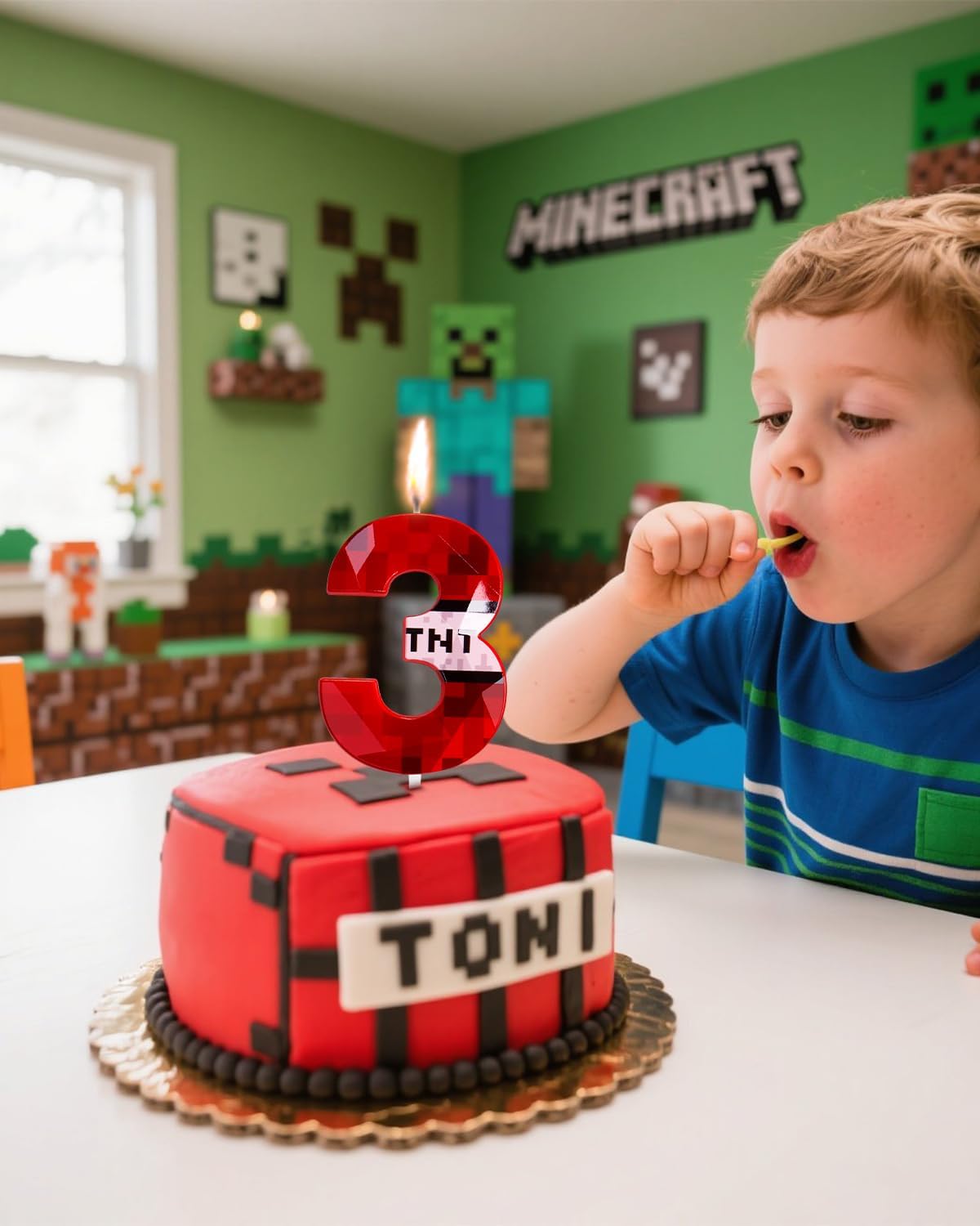 Pixel Birthday Candle, 2.68 Inch Miner Number Candles, Game Themed Candle Birthday Decoration for Pixel Theme Birthday Anniversary Dynamite Video Game Party (Red, 3)