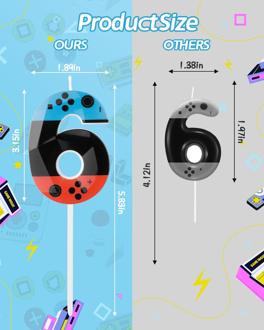 Number 6 Level Birthday Candles, 2.68 inch Gamer Candles, Red Blue Birthday Candles, Game Controller Gamepad Candles,Video Game Controller Themed Kids Boy Bday Party Supplies
