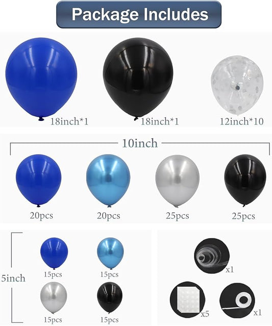 Royal Blue Black and Silver Balloons Garland Arch Kit, 162pcs Different Sizes with Black Royal Blue Metallic Silver Confetti Balloons for Birthday Anniversary 2025 Graduation Prom Party Decorations