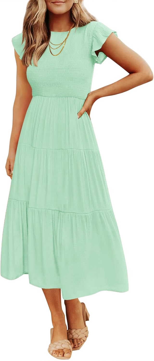 ZESICA Women's 2025 Summer Casual Flutter Short Sleeve Crew Neck Smocked Elastic Waist Tiered Midi Dress