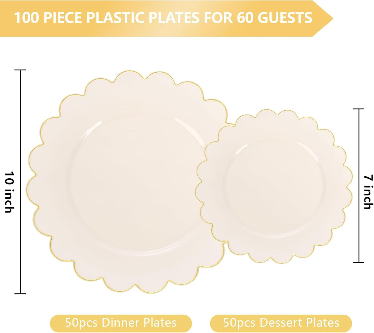 supernal 100pcs Ivory Plastic Plates,Gold Scalloped Disposable Plates,Heavy Duty Plastic Plate Including 50pcs Ivory Dinner & Dessert Plate,Fancy Disposable Platos Perfect for Party,Wedding,Birthday