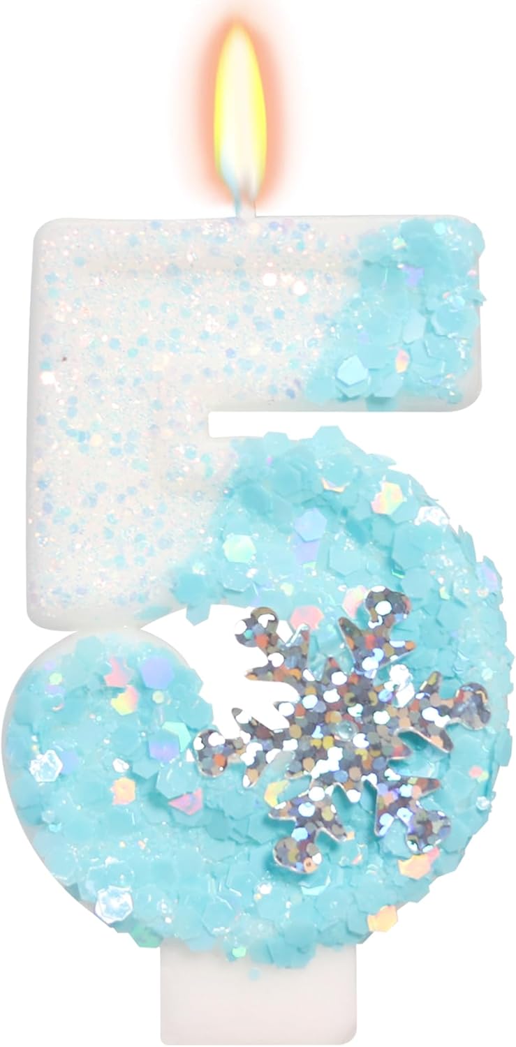Sky Blue Frozen Themed Birthday Candles, Birthday Candles for Party Supplies, 2.76 inch Number 5 Candle Cake Topper Decoration (Number 5)
