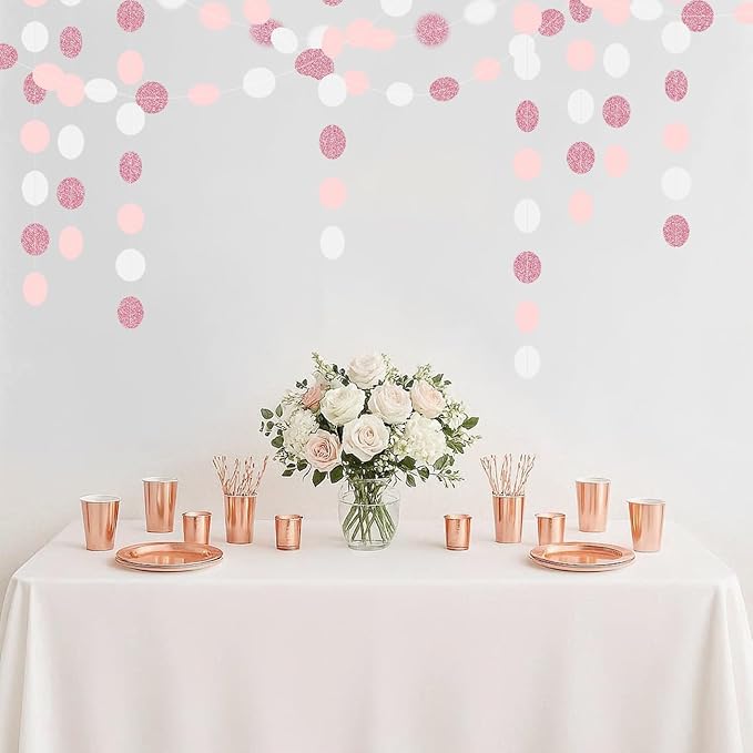 Rose-Gold Pink White Party Decorations - 52Ft Paper Garland Circle Dots Streamers Banner Girl Women Birthday Bridal Shower Wedding Bachelorette Engagement Graduation Hanging Decor Hongtongtong