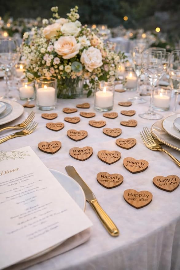 Wooden Heart Confetti ~ Happily Ever After ~ Wood Hearts, Wood Confetti Engraved Love Hearts- Rustic Wedding Table Scatter (100 count)
