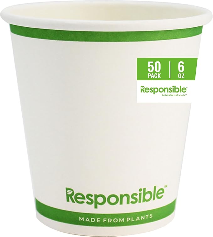 Responsible Products Certified Compostable 6 oz Paper Cups, Cold ＆ Hot Coffee Cups, Disposable Paper Cups, Extra Strength Disposable Cups, Made without PFAS (50 count)