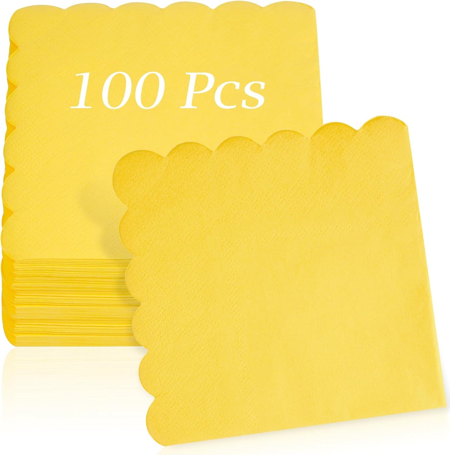 100 Pcs Cocktail Napkins, 2-Ply 5 x 5 Inches Disposable Scalloped Napkins, Thick Premium Dessert Napkins for Party, Wedding, Dinner, Birthday, Anniversary, Festival (Yellow)