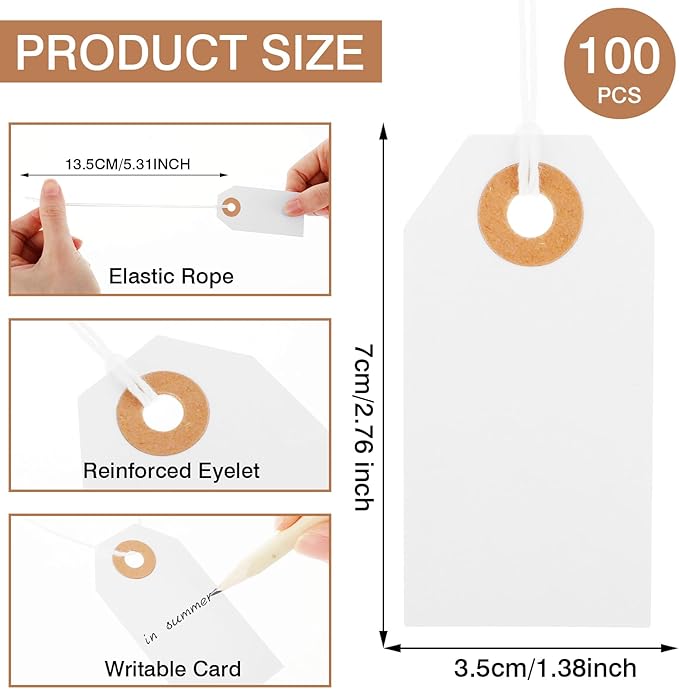 Nogeqi 100 Pcs White Price Tags With String Attached - Large Paper Tags for Pricing, Labeling Gift, Clothing, Inventory - Reinforced Hole