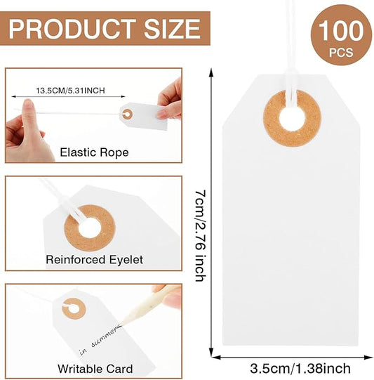 Nogeqi 100 Pcs White Price Tags With String Attached - Large Paper Tags for Pricing, Labeling Gift, Clothing, Inventory - Reinforced Hole