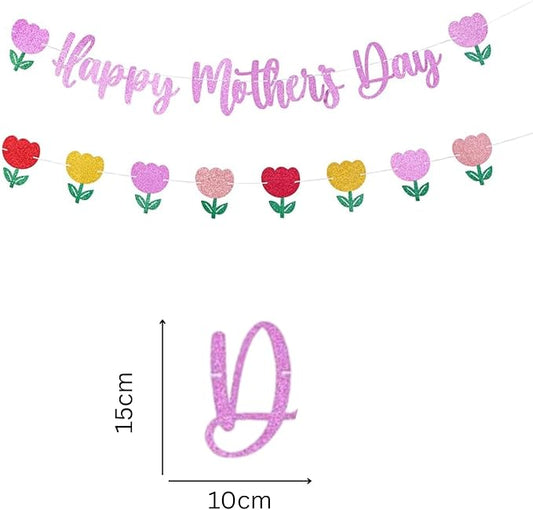 Happy Mother's Day Banner Set Decoration for Mother's Day Party Decorations Backdrop Garland for Mom Mother's Day Glitter Garland Photo Props (Pink Tulip)