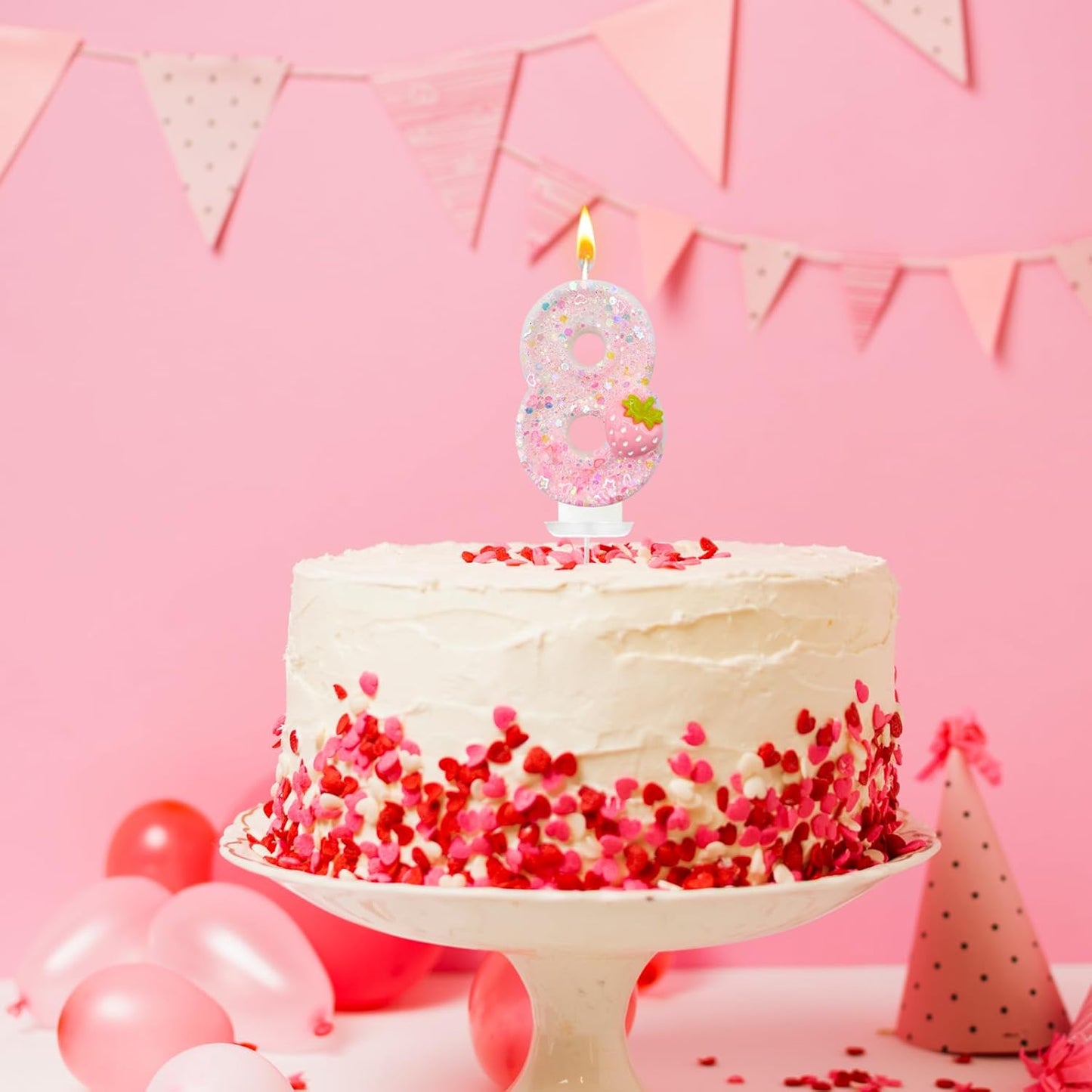 HXOUSE Strawberry Number 8 Birthday Candles - Pink Berry Birthday Candles for Cake, 8 Candle Topper for Anniversary Celebrations Supplies, Strawberry Party Decorations for Girl (No.8)