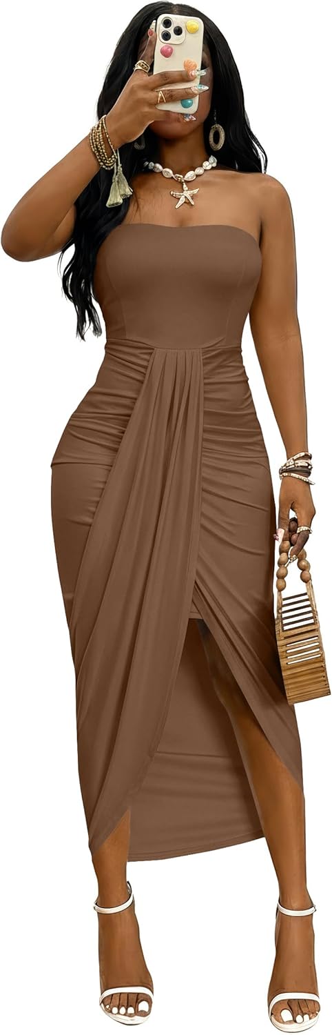 Umenlele Women's Strapless Ruched High Waist Wrap Split Asymmetrical Beach Maxi Long Dress