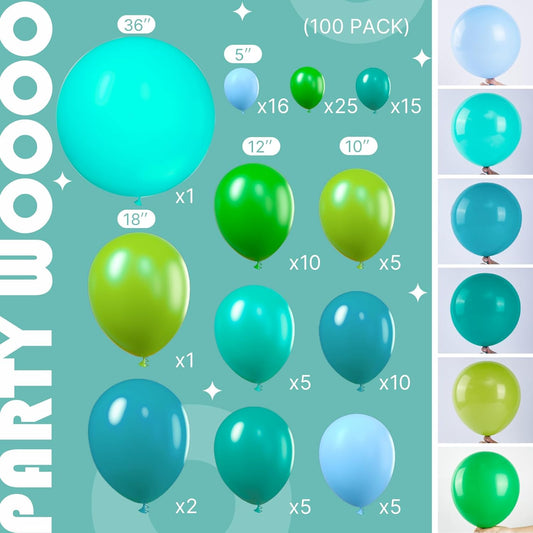 PartyWoo Green Balloon Garland, 100 pcs Shades of Green Balloons Different Sizes Pack of 36 Inch 18 Inch 12 Inch 10 Inch 5 Inch for Balloon Garland Arch as Party Decorations, Birthday Decorations