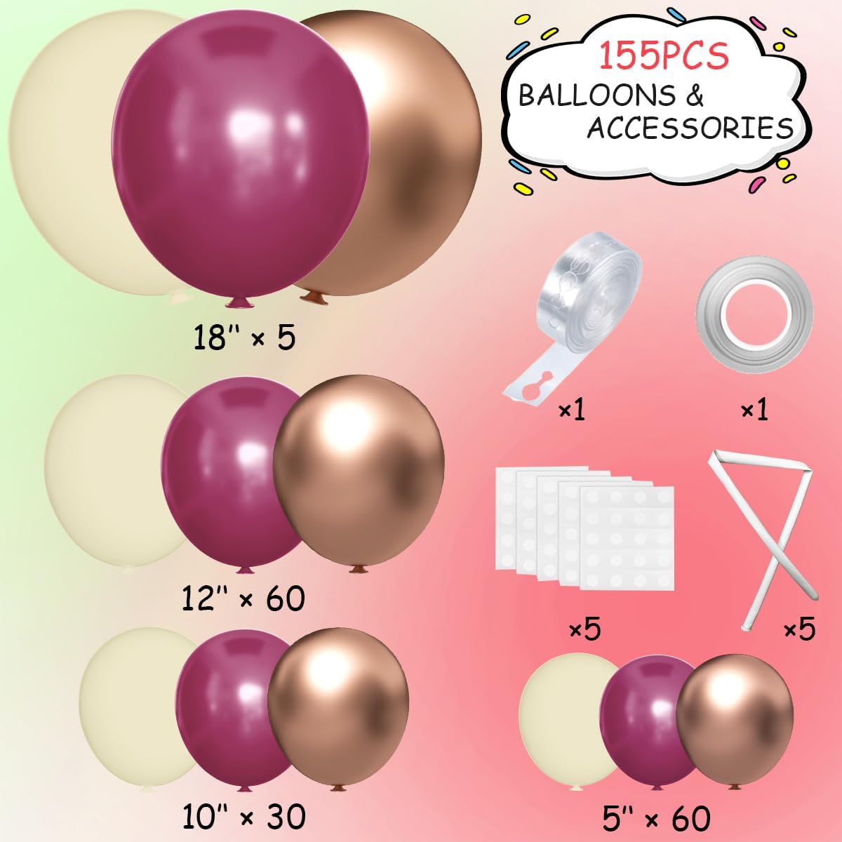 Plum Purple White Gold Balloon Arch Kit, 155Pcs Dark Mauve White Sand Rose Gold Balloons Garland for Boho Baby Shower Birthday Wedding Party Decoration