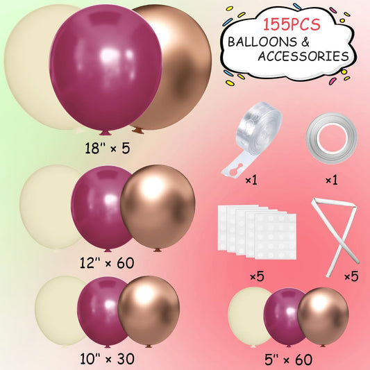 Plum Purple White Gold Balloon Arch Kit, 155Pcs Dark Mauve White Sand Rose Gold Balloons Garland for Boho Baby Shower Birthday Wedding Party Decoration