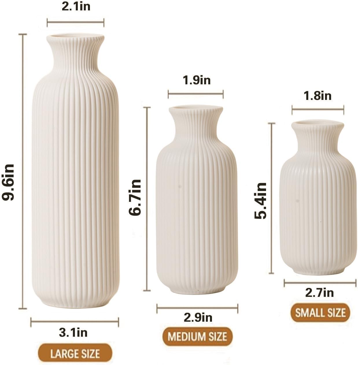 White Ceramic Vase Set of 3,Modern Vase Ribbed Design,Minimalist Decor Flower Vase for Table,Shelf,Farmhouse Vase for Decor（Vertical Ribbed Vase）