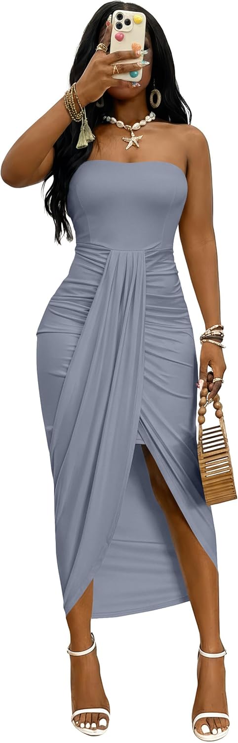 Umenlele Women's Strapless Ruched High Waist Wrap Split Asymmetrical Beach Maxi Long Dress