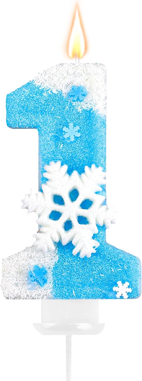 Frozen Birthday Party Decorations, Number 1 Birthday Candle, Frozen Birthday Party Favors, Happy Birthday Candle for Cake, Blue Snowflake Cake Topper Decoration for 1st 1 Year Old Party Favor Supplies