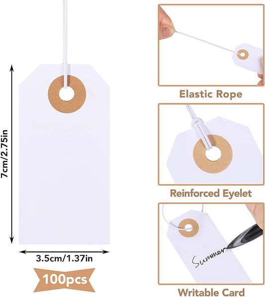 Prudiut 100 Pack Gift Tags with Elastic String White Price Tags Marking Hang Tag Attached Reinforced Hole Writable for Valentine's Day Gifts Inventory Tag 2.75'' x1.37''
