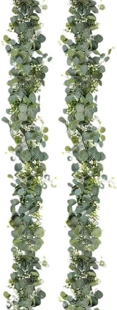 2 Pcs 5.9 Ft Artificial Eucalyptus Flowers Garland, Eucalyptus Leaves Decor for Home Decoration Artificial Vine for Mantle Office Party Wedding Arch Decor (2)