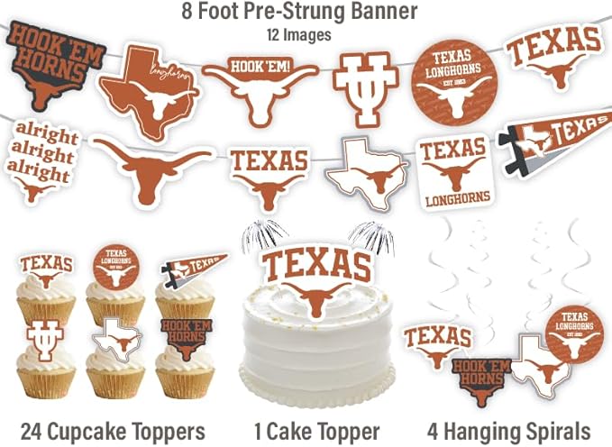 University of Texas Party Supplies for Football, Birthday Gift, Graduation Party Banner and Cake Toppers (42 Pieces) (Texas Longhorns)