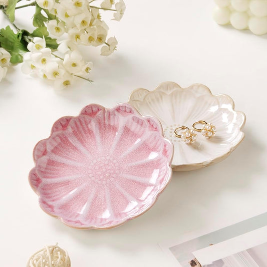 Lotus Ring Holder Dish Small Indoor Ash Tray, Ceramic Dessert Plate Trinket Jewelry Holder Organizing Necklace Earrings for Parents Friends Sister, Pink. All Jewelries Are NOT Included.