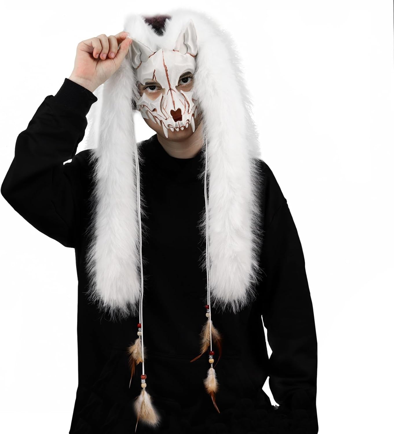 Adolala Faux Fur Furry Animal Wolf Fox Face Mask Werewolf Costume Cosplay Accessory for Halloween Themed Parties