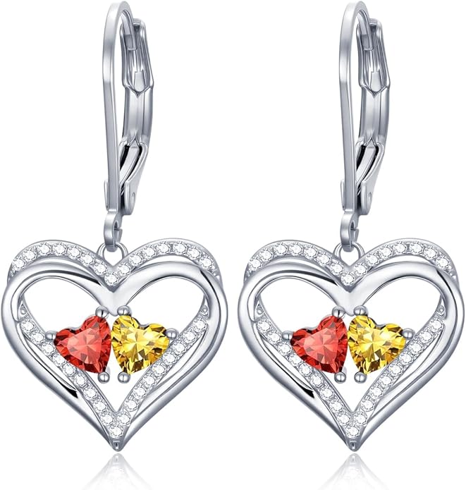 Valentines Day Gifts for Women, Heart Leverback Earrings Double Birthstone Dangle Earrings for Women, Love Jewelry for Her, Anniversary Birthday Gift for Mom Wife Girlfriend