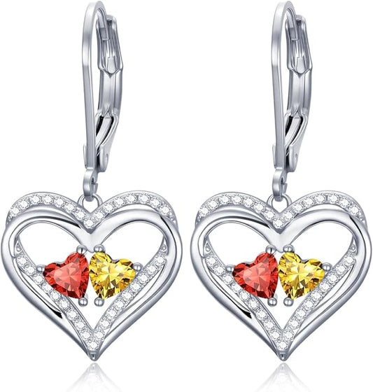 Valentines Day Gifts for Women, Heart Leverback Earrings Double Birthstone Dangle Earrings for Women, Love Jewelry for Her, Anniversary Birthday Gift for Mom Wife Girlfriend